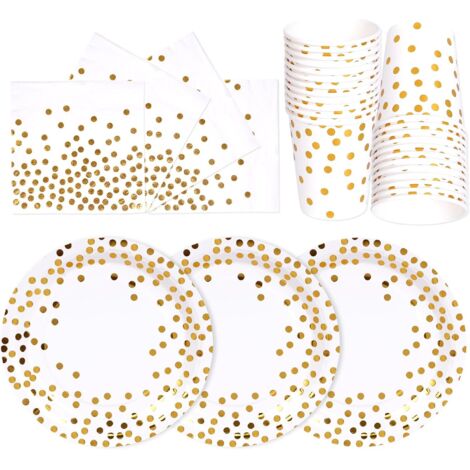 Vaisselle Jetable 72 Pièces - Or Et Blanc - Pour 24 Invités - Anniversaire Et Fête (1/5)