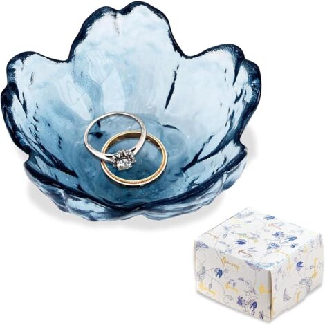 Vide Poche Verre Fleur - 1 Pièce - Bleu Foncé - Rangement Bijoux Clés - Décoration Salon Chambre Bureau - 9x9x4 cm (1/5)