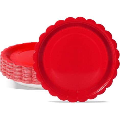 Assiettes En Carton - 50 Pièces - 23 Cm - Bord Crénelé Rouge - Pour Fêtes Et Pique-niques (1/5)