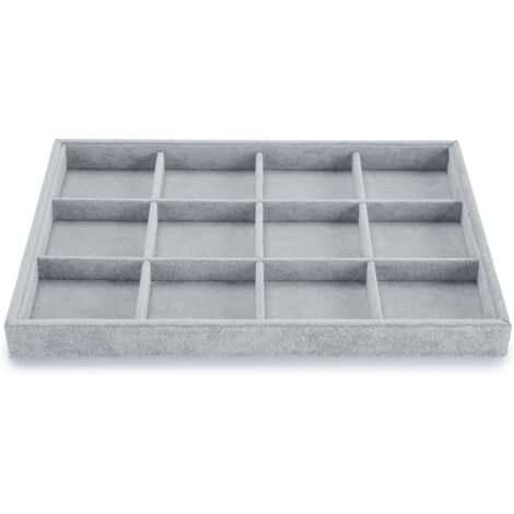 Plateau à bijoux empilable - 12 compartiments - Velours gris - Organiseur tiroir - Pour collier bracelet - 35x24x3,3cm (1/5)