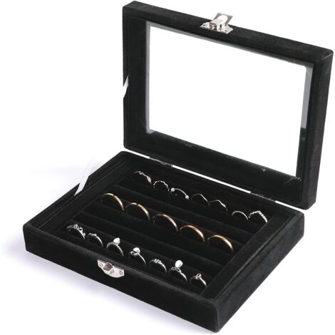 Plateau Rangement Bijoux - 7 Compartiments - Velours Noir - Couvercle Verre - Pour Tiroir Et Vitrine - 17,8x13,5cm (1/5)