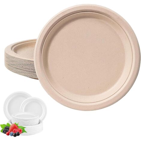 Assiettes Jetables Rondes - 50 Pièces - Fibre Canne à Sucre - 15cm Marron - Résistantes Micro-ondes (1/5)
