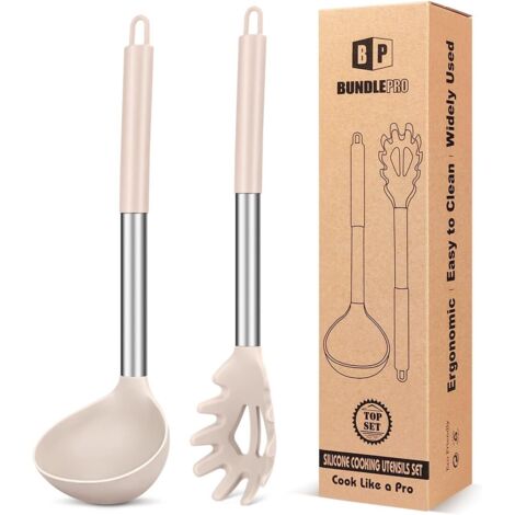 Ensemble Ustensiles Cuisine - 2 Pièces - Silicone Et Acier Inoxydable - Antiadhésif Et Résistant Chaleur - Pour Pâtes Et Soupe - Noir (1/5)