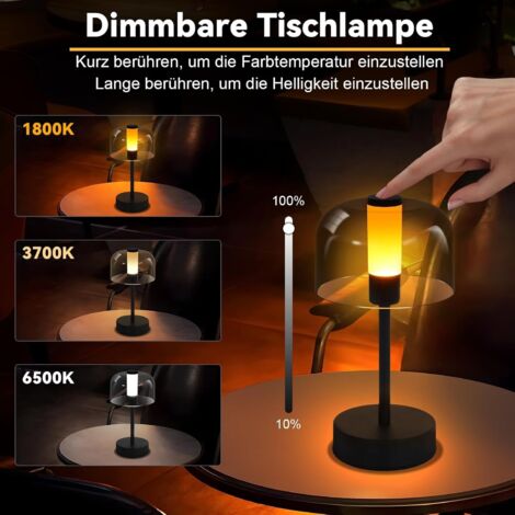 Lampe de table à batterie LED à intensité variable – Lampe de chevet sans fil USB-C rechargeable 1800 K-6500 K en métal + lampe tactile en acrylique noir avec fonction mémoire pour usage intérieur (1/5)