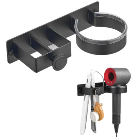 Support pour sèche-cheveux et lisseur, support mural pour sèche-cheveux, acier inoxydable sans perçage, support pour lisseur de cheveux noir (1/5)