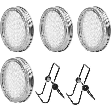 Kit de 6Pcs Couvercles Germination avec 4Pcs Couvercle à Germer Écran en Acier Inoxydable et 2Pcs Supports de Germination pour Graines à Germoir Noir，Fonepro