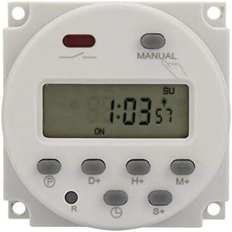 Minuterie numérique programmable 12V – Plage de réglage 1 seconde à 168 heures – 8 cycles marche/arrêt par jour – Installation murale