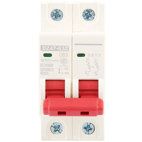 Disjoncteur photovoltaïque 2P DC 500V 63A Disjoncteur miniature MCB DZ47-63Z-2P Combinaison de disjoncteur pour l'énergie solaire Petit système de production d'énergie (63A)