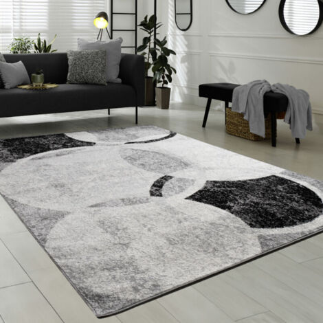 Tapis De Créateur Contemporain Avec Cercles Marbré En Gris Noir Crème 60x100 cm