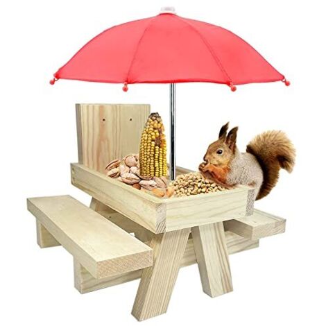 Mangeoire Ecureuil Exterieur, Mangeoire pour écureuils, Mangeoire à écureuil en Bois, Table De Pique-Nique écureuil avec Parapluie Et Porte Maïs pour Animaux Jardin (Couleur du Bois) (1/5)