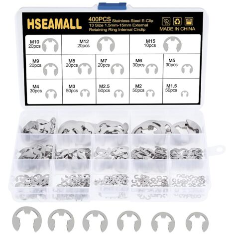 400PCS 13Size En Acier Inoxydable E-Clip Anneau De Retenue Externe Snap Kit De Assortiment Anneau Anneau De Circlips Interne 1.5 / 2 / 2.5 / 3/4/5/6/7/8/9/10/12 / 15mm Avec Boîte En Plastique (1/5)