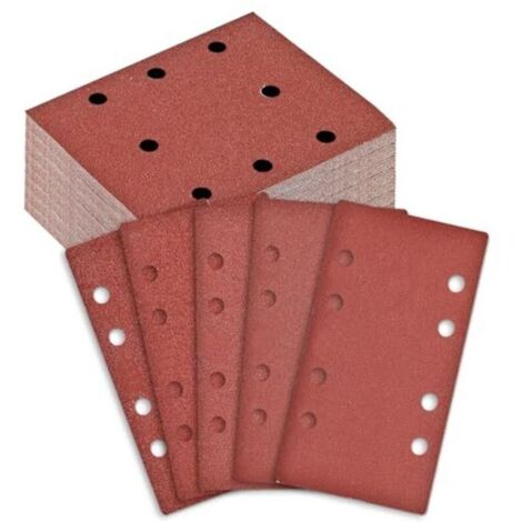 Jeu de 100 feuilles de papier de verre (80 x 133 mm) avec fixation auto-agrippante 5 grains (40 à 240) Pour ponceuses multi-usages et ponceuses orbitales Bois, métal, peinture Système d'aspiration
