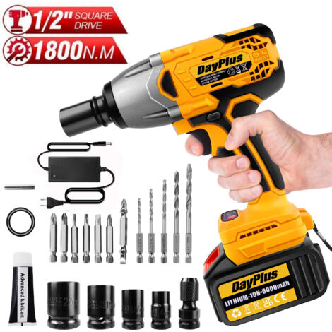 Dayplus – Clé à choc sans fil 21V 1800Nm – Moteur Brushless – Batterie 6000mAh – Vitesse 0-3200RPM – Pour travaux intensifs