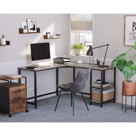 Bureau avec Rangement, Bureau d'Angle en L, Poste de Travail avec Étagères, Table, pour Télétravail, Gain de Place, Facile à Assembler, Industriel, Grège