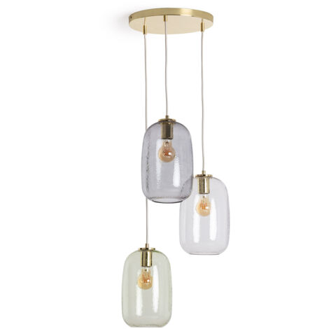 Ledkia – Suspension en verre fumé Bonhomía – 3 abat-jours E27 – Rosace métallique dorée – Dimensions 1100mm x Ø300mm – Protection IP20