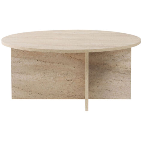 M&S – Table basse ronde effet travertin 90cm – Panneaux mélaminés – Hauteur 40cm – Design contemporain avec pied asymétrique