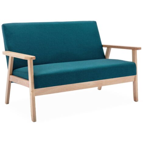 Banquette canapé 2 places en bois et tissu. Isak. L 114 x P 69.5 x H 73cm Polyester Bleu canard