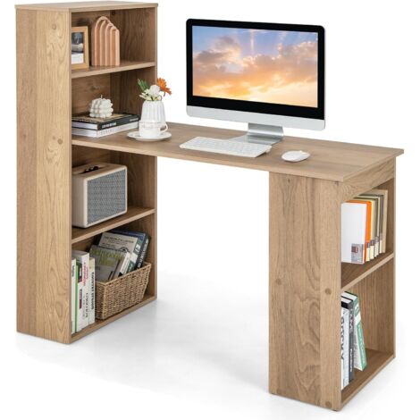 Bureau d'Ordinateur Réversible avec Bibliothèque, Poste de Travail Moderne avec Étagères de Rangement à 6 Niveaux, Assemblage Facile, pour Maison, Bureaux (Naturel)