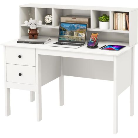 Bureau d'ordinateur 60 x 120 cm, Table de Travail avec Étagères 5 Compartiments et 2 Tiroirs de Rangement, Poste de Travail Informatique en Bois, Blanc