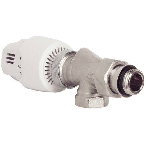 Blanc Habitat – Robinet thermostatique équerre inversé femelle 1/2 – Corps laiton nickelé – Bulbe à dilatation de cire – Température max 110°C