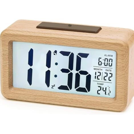 Houhence – Réveil lumineux en bois avec écran LCD rétroéclairé – Affichage heure, date, température – Capteur de lumière automatique – Fonction Snooze