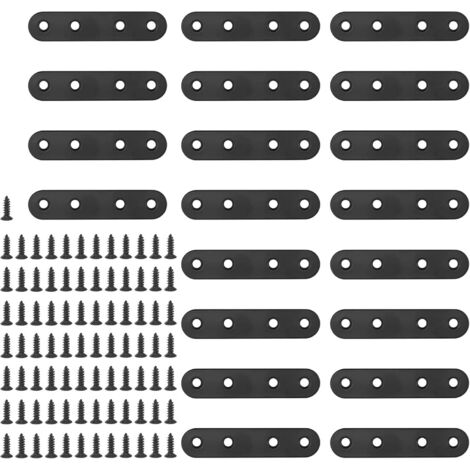 Lot de 20 équerres d'angle plates et droites de 80 mm en métal noir avec 85 vis pour meubles en bois (80 x 2 mm) (1/5)