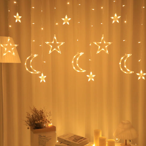 Étoiles Lune Rideau Lumières, 3,5M LED Guirlande Lumineuse Rideau Noël, 8 Modes Rideau Lumineux Intérieur, IP44 Batterie/USB pour Fenêtre, Soirée, Chambre, Mariage, Decoration de Noël (1/4)