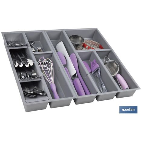 Cofan – Range-couverts 11 compartiments 50x45x6,5cm en polypropylène – Design gris pour tiroirs – Optimisation espace cuisine (1/4)