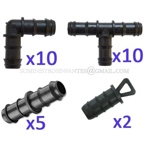 Suinga – Pack d'irrigation goutte à goutte 16mm – 10 tés, 10 coudes, 5 jonctions, 2 bouchons – Compatible avec systèmes 16mm – Installation simple sans outils