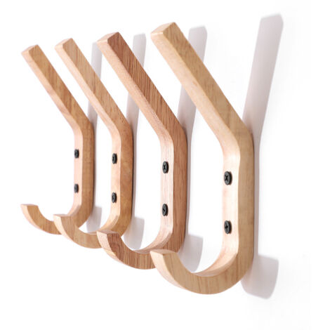 Tinor – Lot de 4 crochets muraux en bois de caoutchouc – Patères à deux crochets – Charge jusqu'à 5 kg par crochet – Dimensions 16 x 6 x 2,5 cm