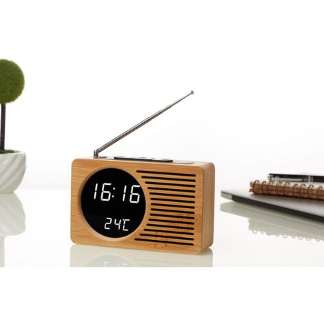 Radio de chevet rétro en bois réveil paresseux muet réveil cadeau créatif horloge électronique 16.5 4.5 9 cm miroir en bambou véritable lumière blanche (1/3)