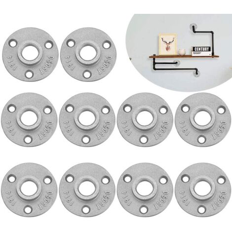 Lot de 10 brides filetées 1/2" - Brides filetées en métal - Avec 3 trous - Pour tuyau, robinet, étagère murale, sol - Meubles tubulaires - Montage mural (1/5)