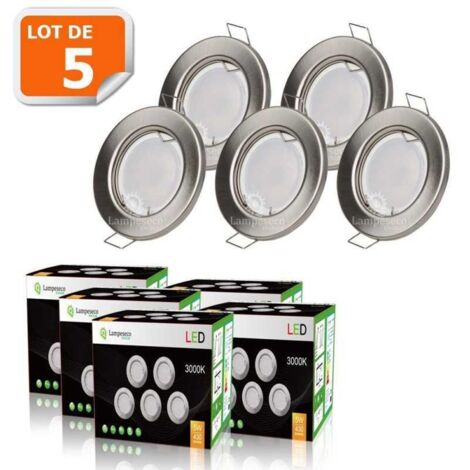 Lot de 5 spots LED encastrables ronds fixes en aluminium brossé – 5W équivalent 50W – Lumière blanche chaude – Angle de diffusion 120° (1/4)