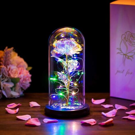 Rose dans un dôme en verre avec lumières LED en cristal, cadeau de fleurs roses (1/4)