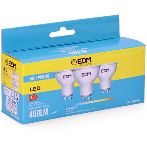 Kit de 3 Ampoules LED Dichroïque GU10 5W 450lm 6400K Lumière Froide Ø5x5,5cm (1/3)