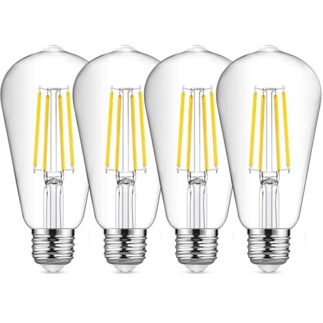 Ampoule à filament LED E27 ST64, ampoule vintage blanc froid 8 W 6500 K, ampoule Edison vintage, lampe antique rétro, équivalente à une ampoule à incandescence de 80 W, paquet de 4