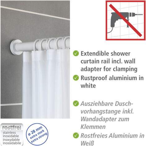 Barre de douche extensible Luz, Tringle rideau de douche télescopique avec adaptateur mural, fixation sans perçage par torsion, Alu inox - plastique, 28 mm x 70-115cm, Blanc (1/5)
