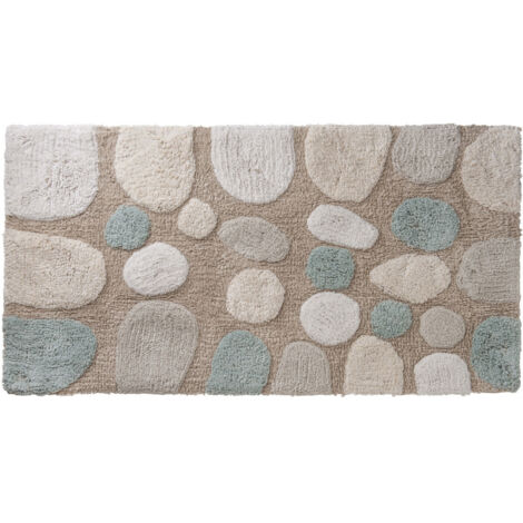 Tapis de bain galet en coton 60x120cm – Antidérapant – Lavable à 30° – Motifs embossés beige et bleu – Guy Levasseur