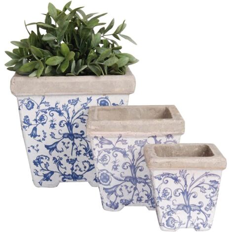 Esschert Design – Ensemble de 3 pots en céramique patinée – Carrés – Dimensions : 10,4x10,4x11,1 cm / 14,4x14,4x14,6 cm / 19,6x19,6x18,7 cm – Volume : 0,5L / 1,7L / 4L