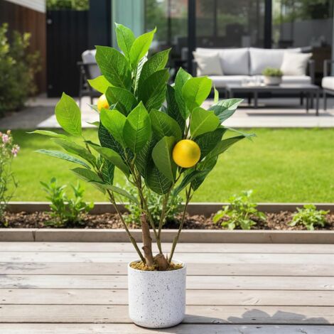 Set mit 2 künstlichen Zitronen-Bonsai-Bäumen – Dekorative Kunstpflanzen in einem weißen Topf in Marmoroptik mit Zementmoos-Sockel, pflegeleichte Tischdekoration für Zuhause und Büro, geeignet für den (1/5)