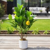 Set mit 2 künstlichen Zitronen-Bonsai-Bäumen – Dekorative Kunstpflanzen in einem weißen Topf in Marmoroptik mit Zementmoos-Sockel, pflegeleichte Tischdekoration für Zuhause und Büro, geeignet für den