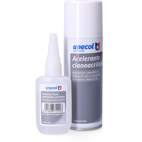 Kit acelerante + ciano para materiales porosos, botella de 50 g + aerosol de 200 ml  UNECOL A7156
