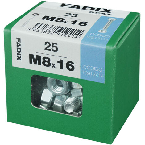 CAJA L 25 unid. TORNILLO METRICA CAB HEX+TUERCA CINC 2M 8x16mm FADIX (1/2)