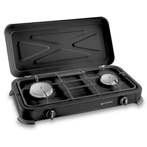 Cocina de gas butano/propano esmaltada 2 quemadores, negra, 570 x 300 x 65 mm