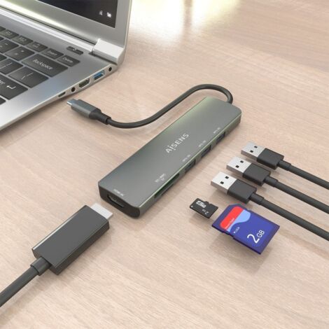 AISENS - USB-C DOCK 6 EN 1, USB-C A 1xHDMI, 3xUSB-A, 1xSD, 1xMICRO SD, GRIS, 15CM (1/2)