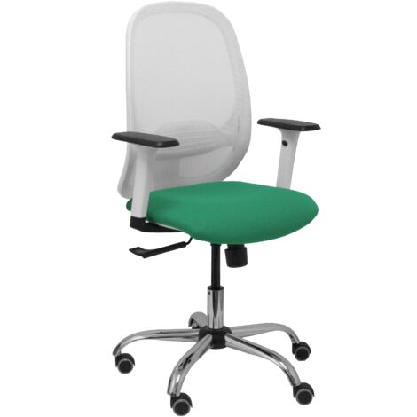 Silla Cilanco blanca malla blanca asiento bali verde esmeralda brazo regulable base cromada ruedas de parqué (1/2)
