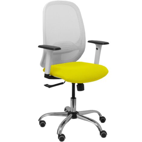 Silla Cilanco blanca malla blanca asiento bali amarillo brazo regulable base cromada ruedas de parqué (1/2)