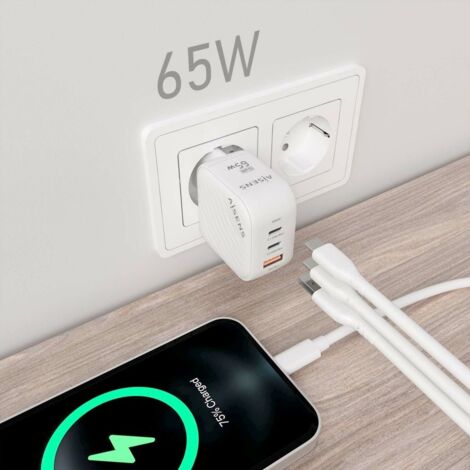 AISENS - CARGADOR GaN 65W, 2xUSB-C PD3.0 QC4.0, 1xUSB-A QC3.0, BLANCO (1/2)