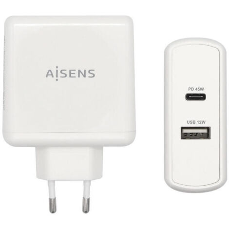 Cargador de Pared Aisens ASCH-2PD45A-W/ 1xUSB Tipo-C/ 1x USB/ 2.4A (1/3)