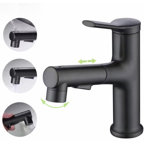Robinet de lavabo extractible à noyau interne entièrement en cuivre, lavabo de salle de bain noir, robinet rétractable eau chaude/eau froide (1/4)